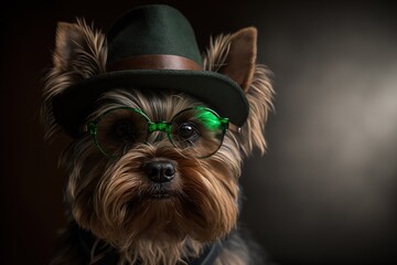 Yorkshire Terrier dog  irish hat in st patrick's day with Generative AI