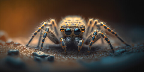 Tarantula spider closeup macro portrait stand on ground with defocused background. Generative AI illustration.