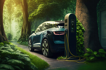 Fototapeta The EV car is charging electrical fuel at the EV station in greenery forest environment. Go green vehicle concept. Generative Ai image.	
 obraz