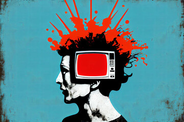 Abstract art of a head with old TV-set in it instead brain. Propaganda concept art. - 569189336