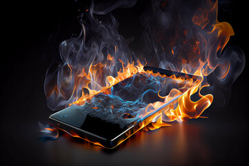 A burning black smartphone on dark background. Inflammation of cellphone accumulator.