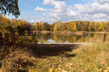 A pond in the forest, an autumn landscape, a calm water surface and a forest in autumn.
