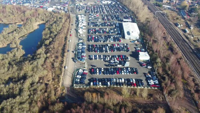 Aerial Footage of Huge Car Parking at Kempston Bedford Town of England UK. The Footage  Was Captured on 06-Feb-2023 with Drone's Camera