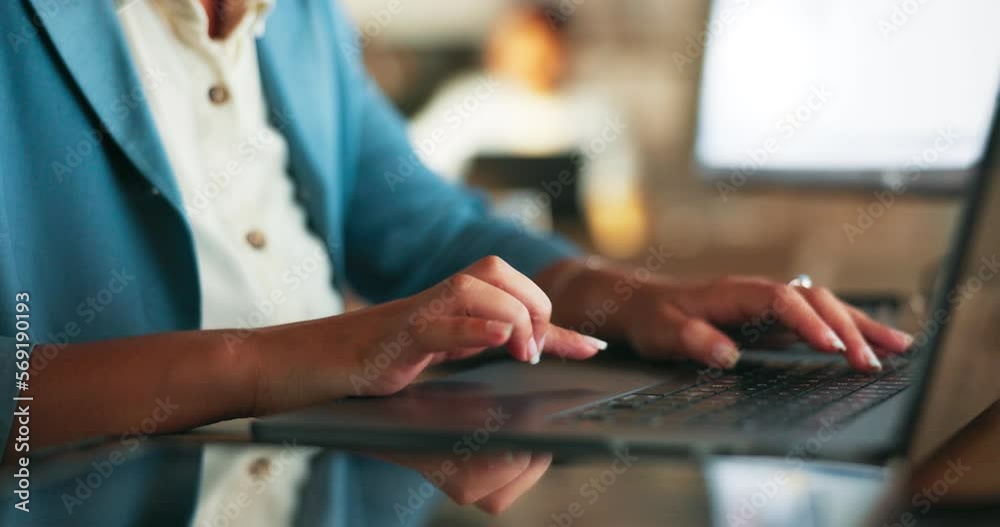 Poster research, laptop and hands of business woman and typing for planning, web design and advertising ide
