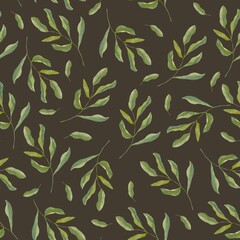 Naklejka na ściany i meble Seamless pattern with watercolor leaves. Pattern with watercolor twigs on a dark background. Green print. Green leaves and twigs. Watercolor pattern with leaves. 