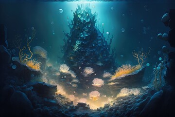 Fototapeta na wymiar a painting of a underwater scene with corals and corals on the bottom of the ocean floor and a large tree in the middle of the water. generative ai