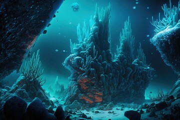 Fototapeta na wymiar an underwater scene with corals and sponges on the bottom of the ocean floor and water bubbles on the bottom of the ocean floor. generative ai