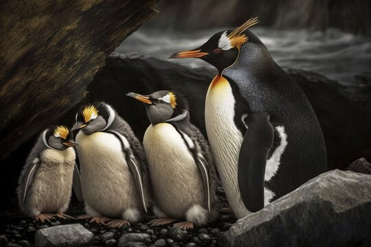  a group of penguins standing next to each other on a rocky beach with a waterfall in the background and a cave in the middle of the picture.  generative ai