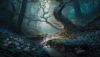  a painting of a forest with blue flowers and a stream in the middle of the woods with a light shining on the trees and the ground.  generative ai