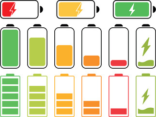 Battery icons set. Battery charge levels. Battery charging icons collection. Phone charge indicator. Battery power from low to full charging. Set of battery icons with different levels of charge.