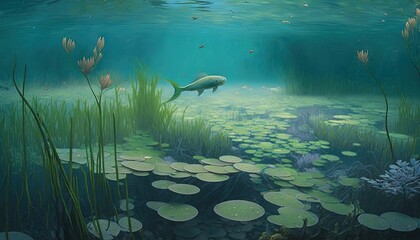  a painting of a fish swimming in a pond with lily pads and water lillies on the bottom of the pond, and a fish swimming in the middle of the water.  generative ai