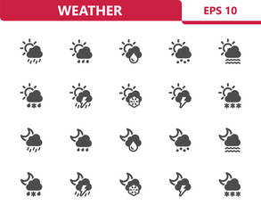 Weather Icons - Forecast, Rain, Raining, Snowing, Cloud, Sun, Moon vector icon set