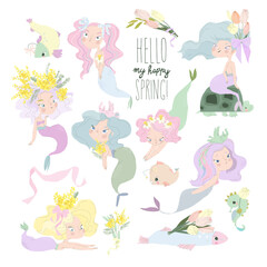 Obraz na płótnie Canvas Cartoon Set with Cute Mermaids and Spring Flowers