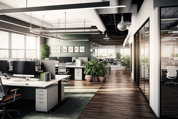 Fototapeta na wymiar Green modern office workplace interior decoration. Generative Ai image.