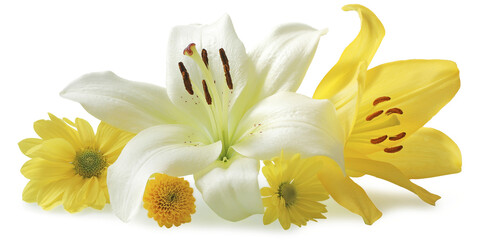Beautiful white and yellow lily heads with yellow dahlias isolated in a group transparent png file
