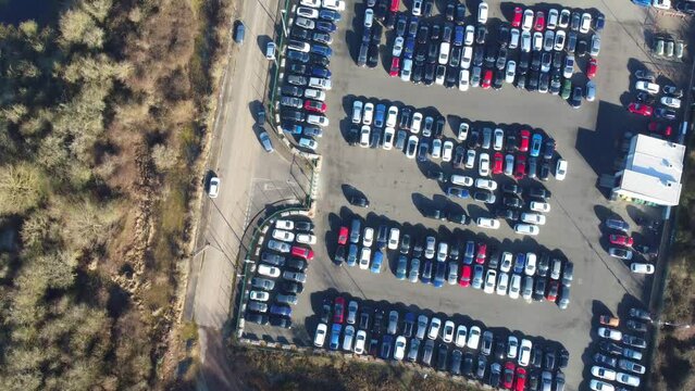 Aerial Footage of Huge Car Parking at Kempston Bedford Town of England UK. The Footage  Was Captured on 06-Feb-2023 with Drone's Camera