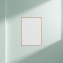 Minimal empty frame picture mockup hanging on white wall background with window light and shadow