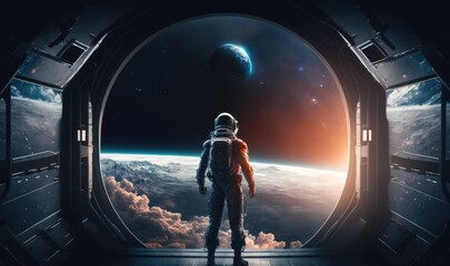 astronaut looking out space station window made with generative ai