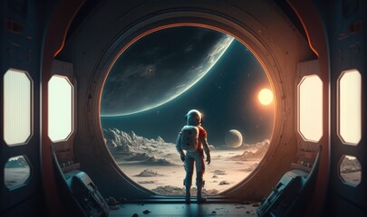 astronaut standing in a portal made with generative ia - obrazy, fototapety, plakaty