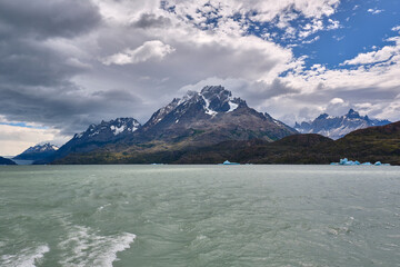 grey lake and his glaciers and icebergs in torres del paine, chile