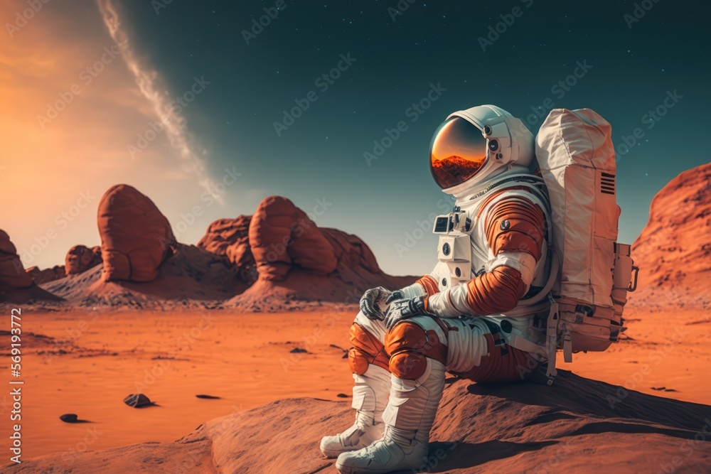 Sticker astronaut sitting on planet mars thinking made with generated