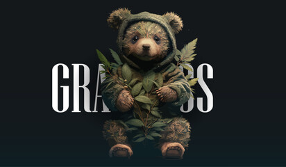 Plush cute bear doll in an embrace with a marijuana bush on a black background. For street style t shirt design graphic. Vector illustration	
