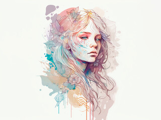 AI generated: drawing girl boho abstract style in pastel colors