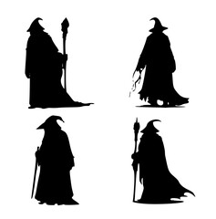 Silhouette of a wizard in a robe isolated on white background. Black logo of a magician. Black and white vector set of a witch.	