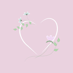 Card with heart and flowers on a pink background. This maybe a wallpaper, decoration, card for celebration, wedding, frame.