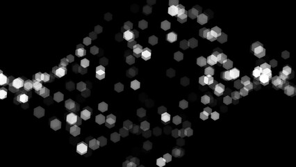 black background with blurred white bokeh lights in circles and hexagon shapes in diagonal pattern, dark night sky with glittering stars. 60 fps 3D animation
