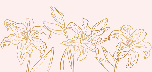 Golden gradient vector lilies. Luxury botanical line art banner design in gold and pastel colors. Lily flowers wallpaper for cover design, wall arts, website banners, prints. 