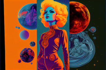 cosmic girl, surreal groovy retro 70s style, Generative AI