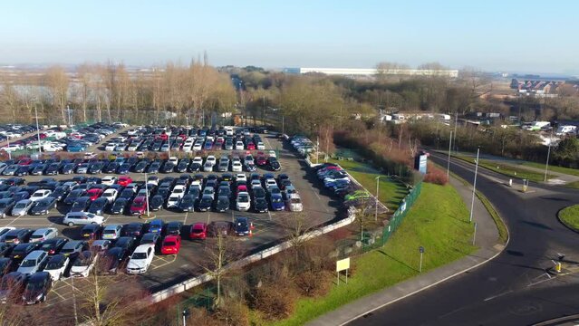 Aerial Footage of Huge Car Parking at Kempston Bedford Town of England UK. The Footage  Was Captured on 06-Feb-2023 with Drone's Camera
