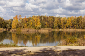 A pond in the forest, an autumn landscape, a calm water surface and a forest in autumn.
