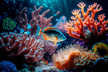 Fototapeta na wymiar beautiful colorful sea fish along the coral reef, Generative AI