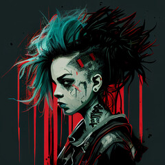 Neo Goth Punk Woman Illustration Turquoise Red Hair Neon Y2K Retro Generative AI Tools Technology