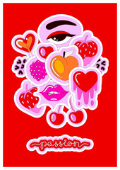 Fototapeta na wymiar Bright sensual composition of fruits, women's lips and eye on red background. Vector illustration for Valentine's Day. Love and passion. Poster, postcard, cover