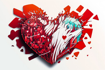 
abstract Vector illustration of an isolated and colorful red love heart-shaped gift for Valentine's Day or a wedding with fine lines, pen art and paint splatters on a white background (generative ai)