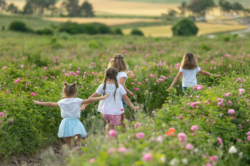 Children play in nature. The girls are having fun running around.