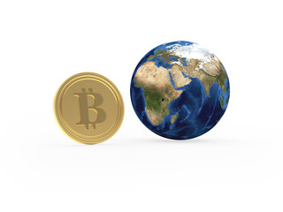 Bitcoin next to planet earth isolated on white background. 3D illustration. Elements of this image courtesy of NASA. 