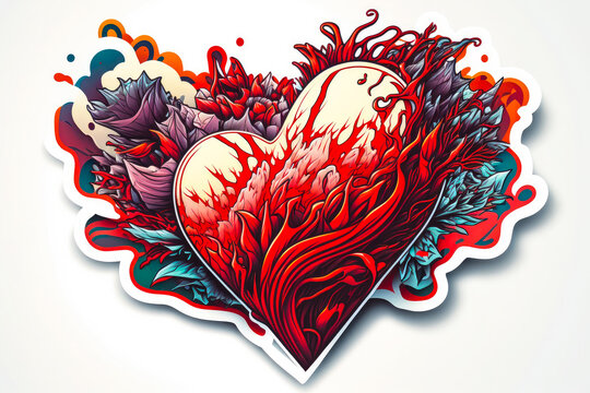 Vector illustration of a hyper-realistic heart isolated on white background, marker art sticker stamp for Valentine's Day, or a wedding with real veins and blood with paint splatters (generative ai)