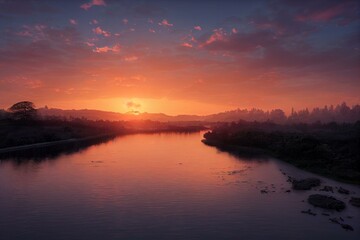Fototapeta na wymiar sunrise over the river. Generative AI
