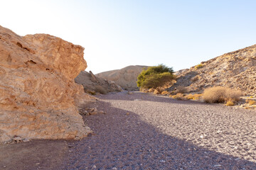 Fantastically beautiful landscape in the national nature reserve - Red Canyon in the rays of the setting sun, near the city of Eilat, in southern Israel