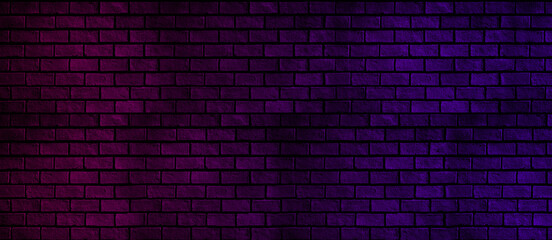 Naklejka na ściany i meble Abstract panorama of brick wall with blue and pink neon light for pattern background. Basic dark and color background concept.