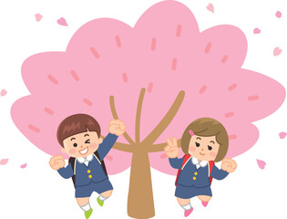 満開の桜の木の前でジャンプする小学生　入学式