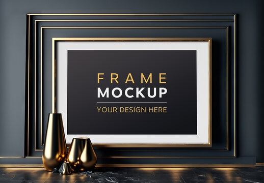 Gold Frame in Dark Modern Interior Mockup with Generative Ai