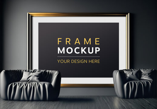 Gold Frame in Dark Modern Living Room Mockup with Generative Ai