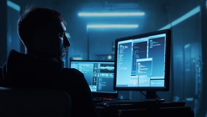 Computer Hacker in Hoodie. Obscured Dark Face. Concept of Hacker Attack, Virus Infected Software, Dark Web and Cyber Security.