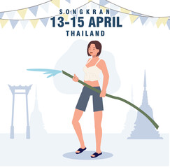 Thailand water Festival concept.(Songkran), woman splash water from water hose. Flat vector illustration