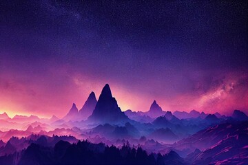 Fototapeta na wymiar Epic mountain landscape with stars of the milky way above dramatic sunset. Ethereal spirituality. Generative AI